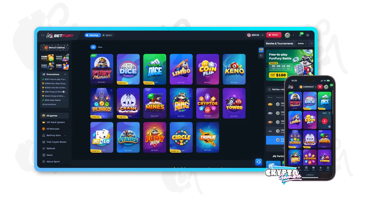 Screenshot of BetFury Casino's Original Games on desktop and mobile view 