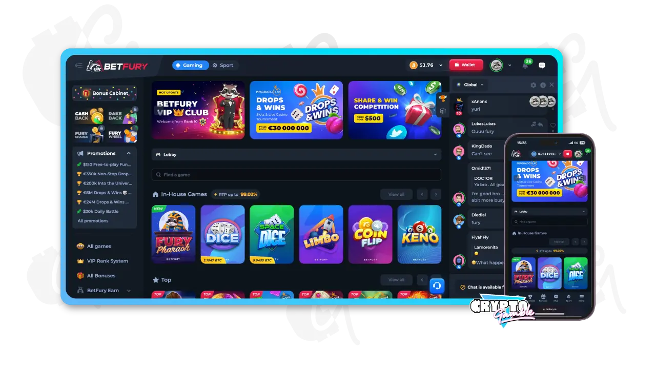 Screenshot of BetFury Casino's Homepage, showing desktop and mobile view 
