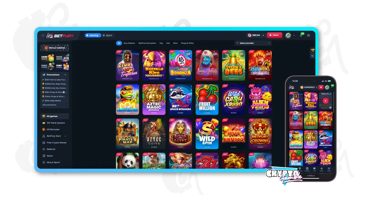 Screenshot of BetFury's Slots Lobby on desktop and mobile view