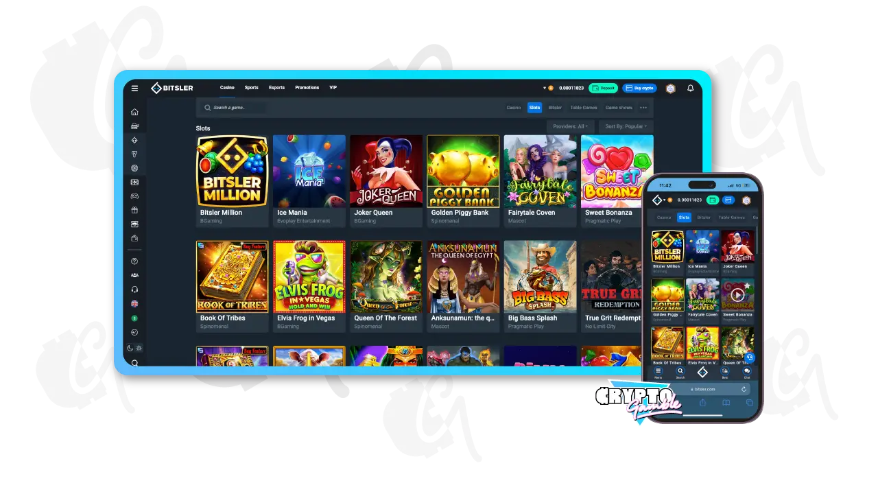 Bitsler Casino Slots Lobby Screenshot with desktop and mobile versions