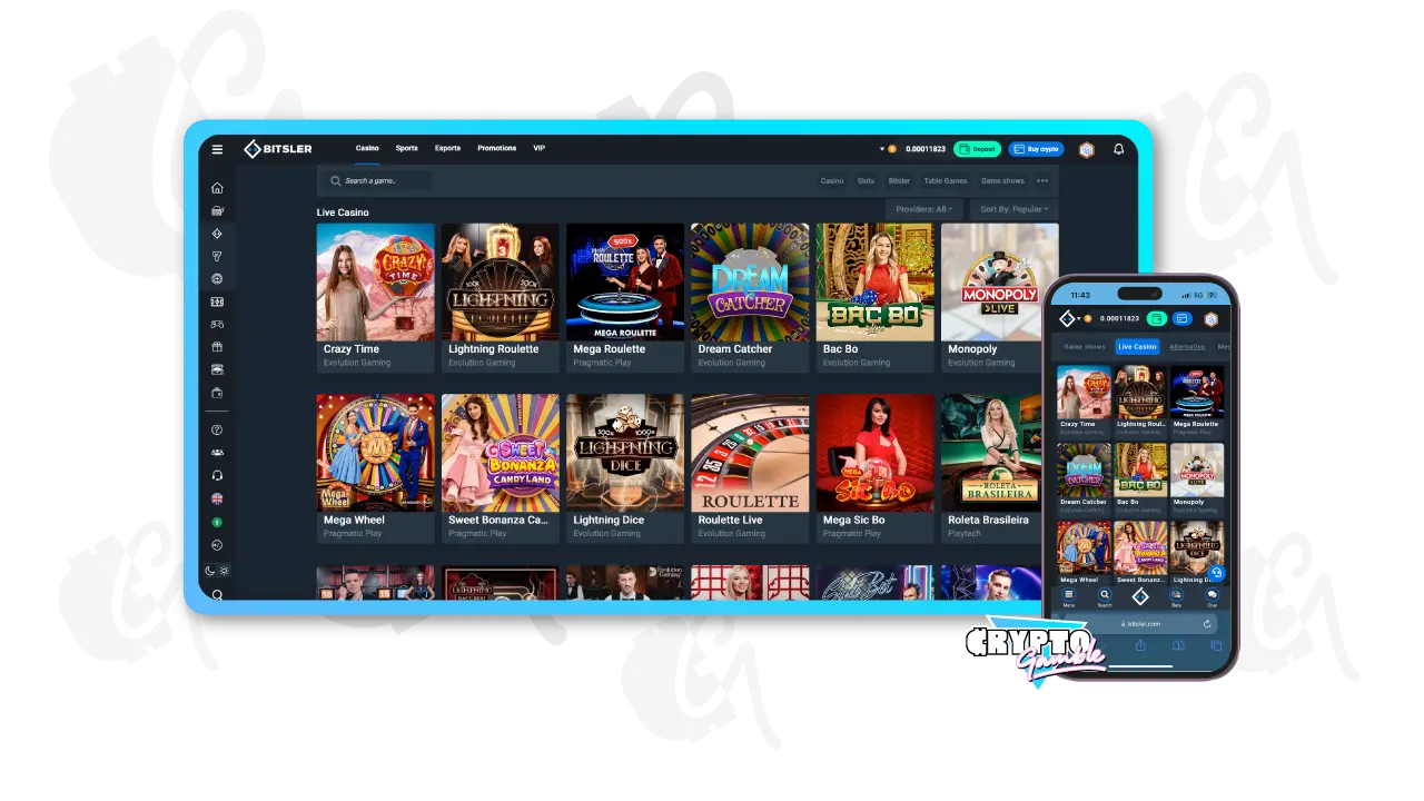 Bitsler Casino Live Games Lobby Screenshot with desktop and mobile versions