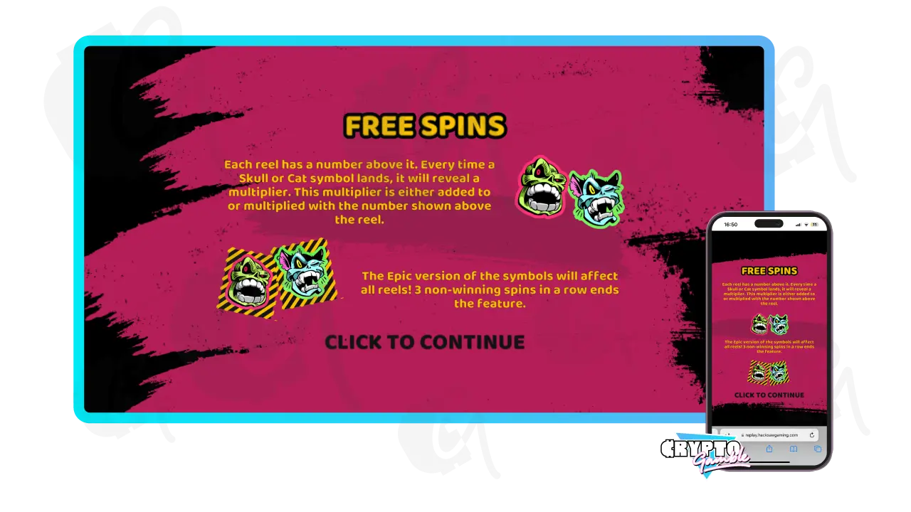 Chaos Crew Slot Screenshot of the Free Spins Bonus awarded rounds with view of desktop and mobile