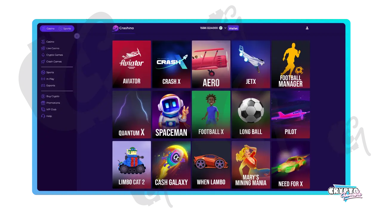 Screenshot of Crashino Crash Games lobby with over 30 types 