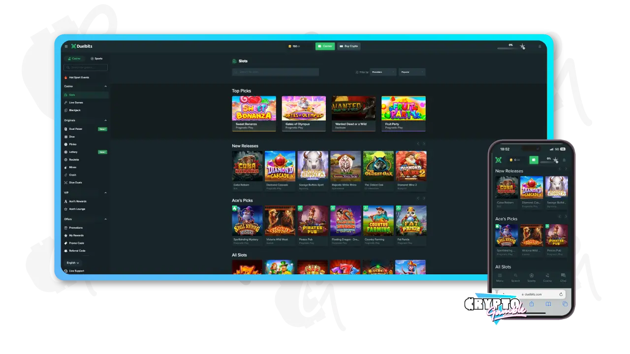Screenshot of Duelbits Slots Lobby with view of desktop and mobile