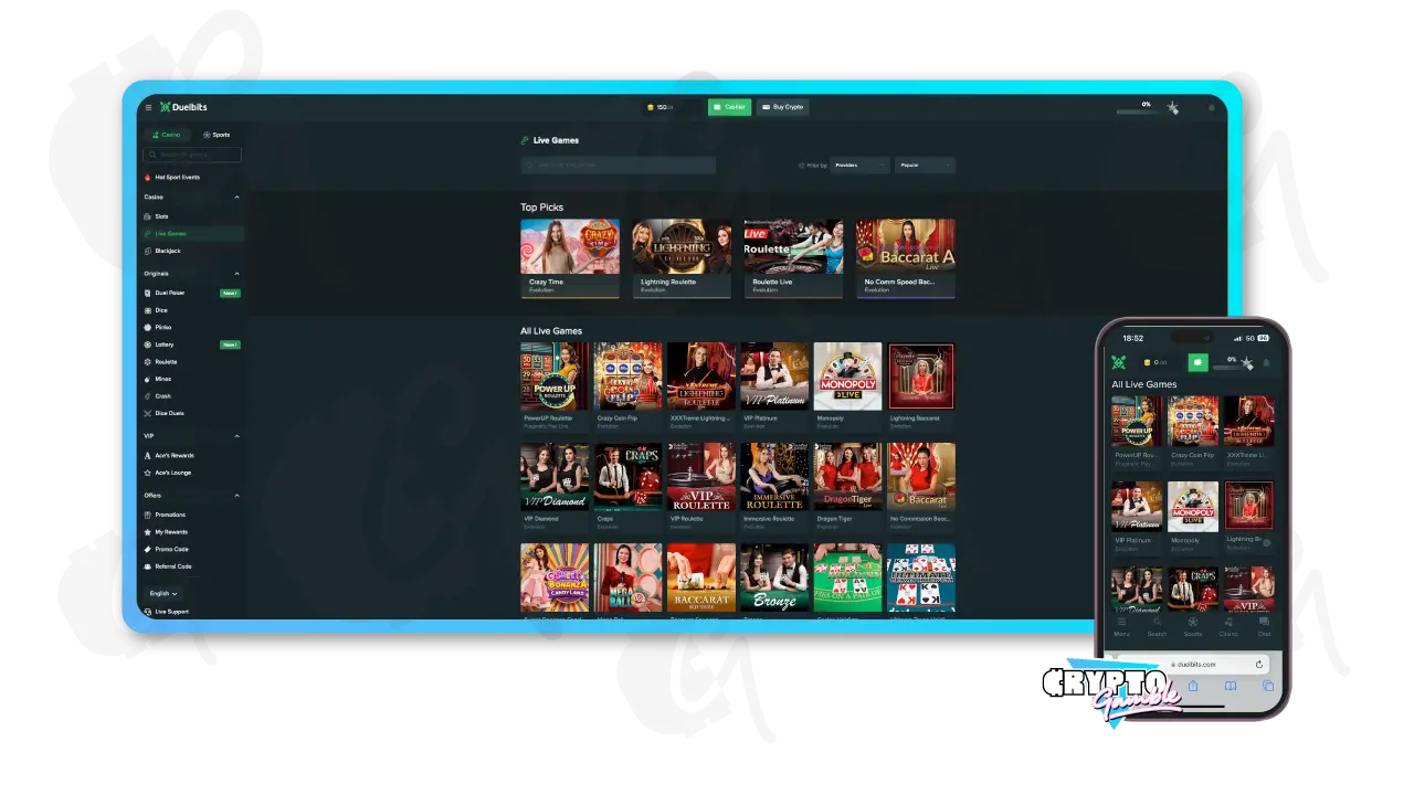 Screenshot of Duelbits Live Casino Games Lobby with view of desktop and mobile