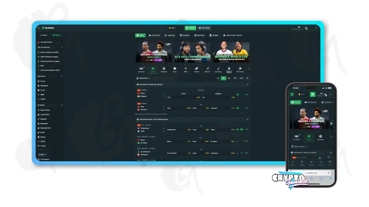 Screenshot of Duelbits Sportsbook lobby with view of desktop and mobile