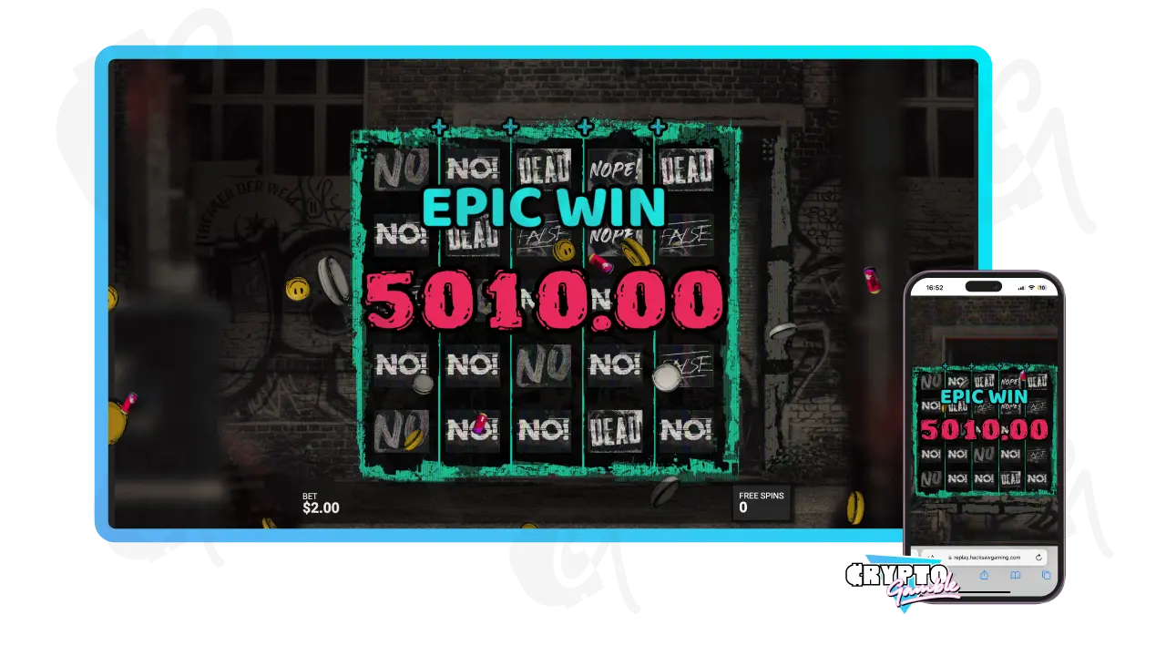 Chaos Crew Slot Screenshot of the Epic win of 5010 dollars with view of desktop and mobile