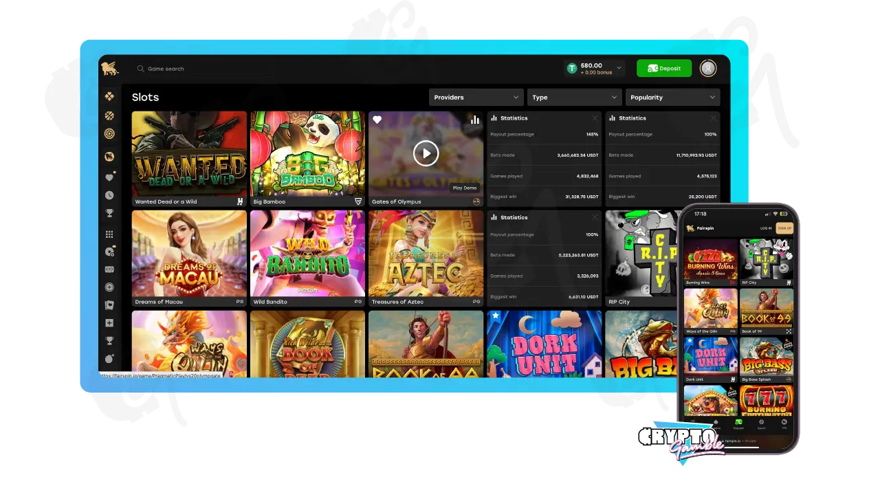 Screenshot of Fairspin Casino Slot Lobby on desktop and mobile version