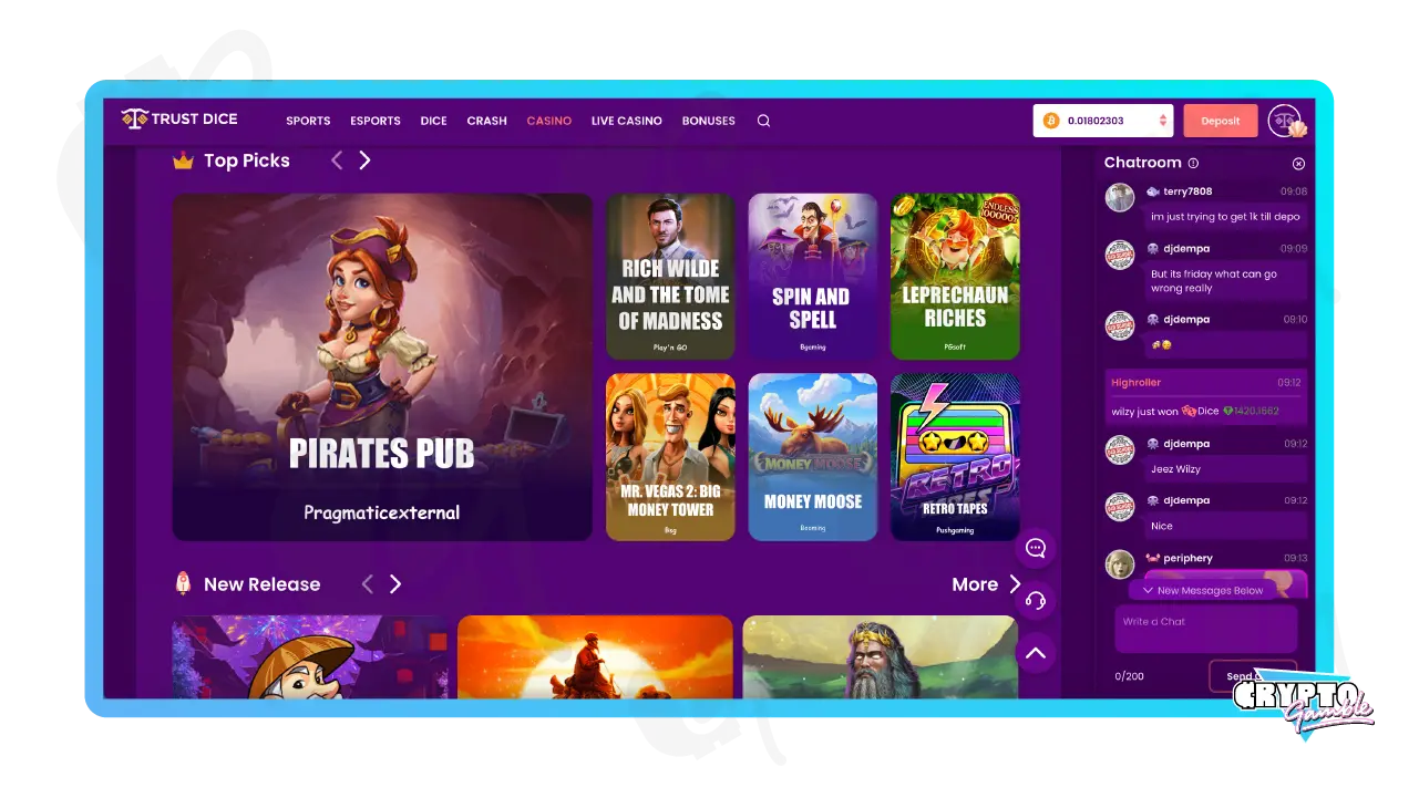 Screenshot of TrustDice Slot Machines Lobby on Desktop