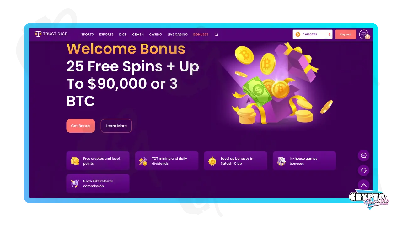 Screenshot of TrustDice Casino's welcome bonus details on Desktop