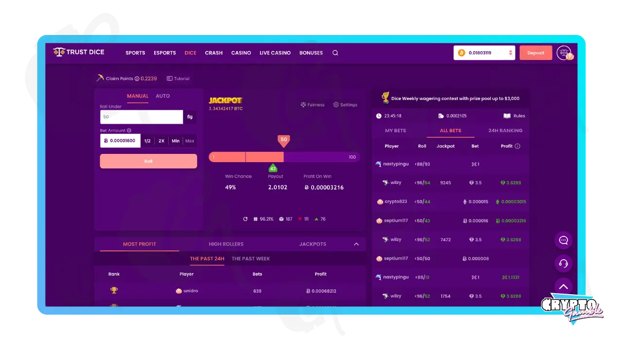 Screenshot of TrustDice Dice Game gameplay on Desktop