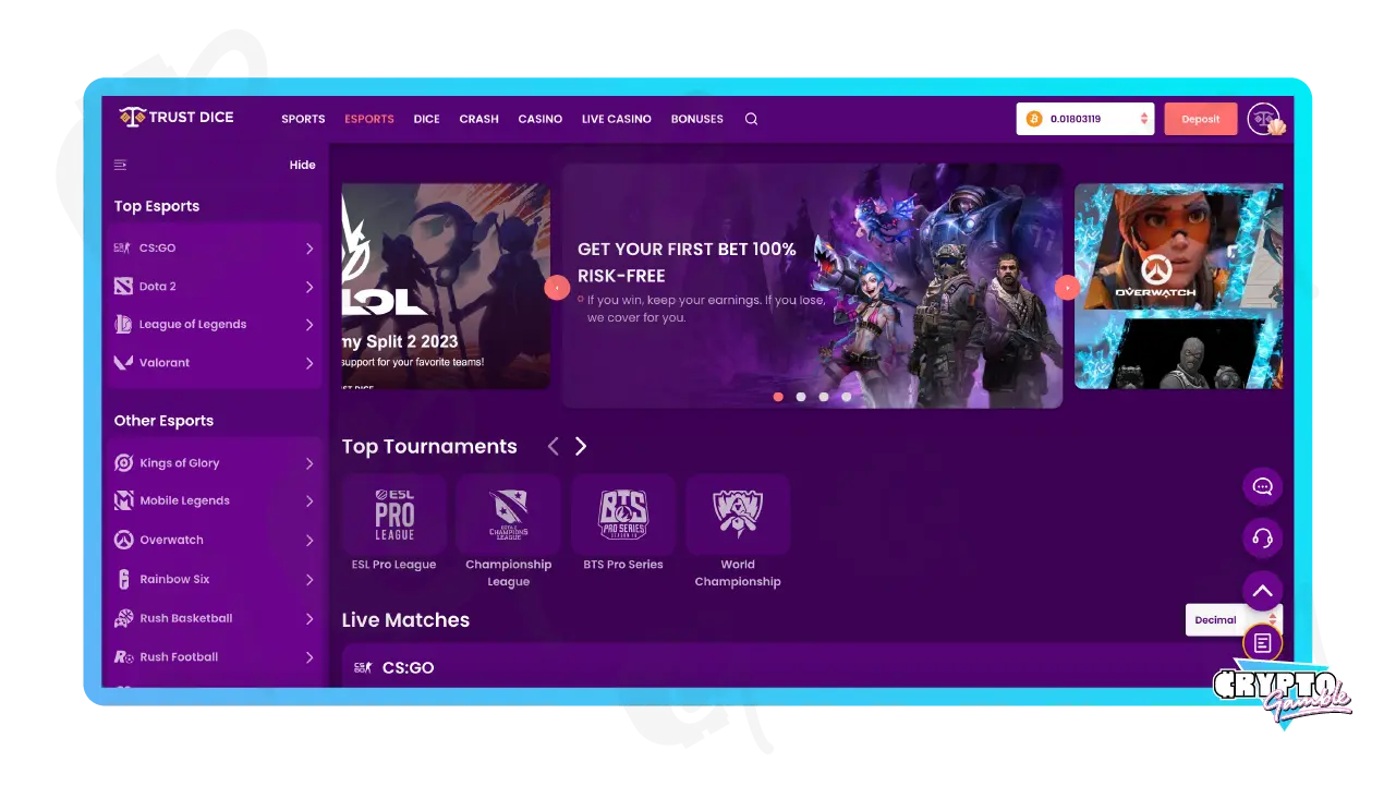 Screenshot of TrustDice Esports Lobby on Desktop
