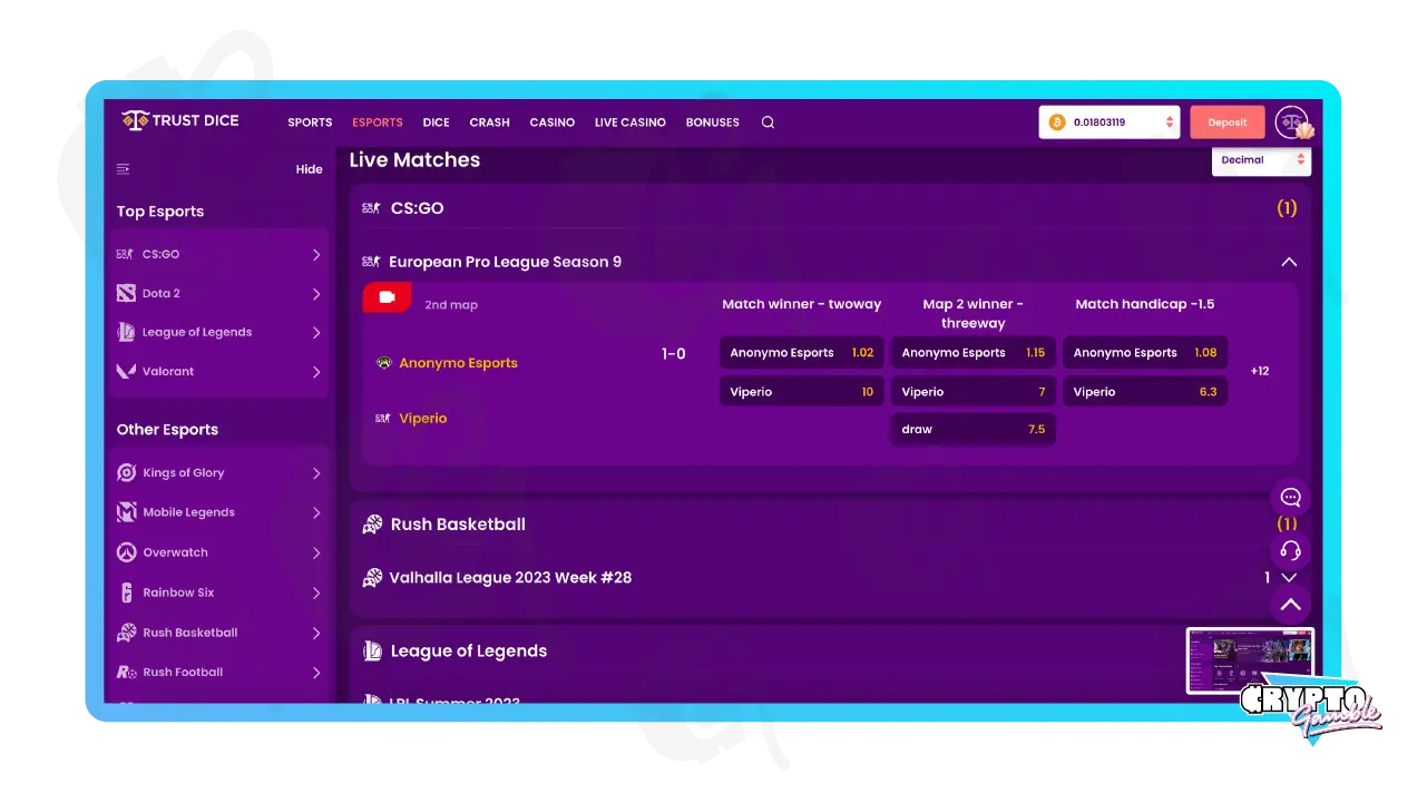 Screenshot of TrustDice Esports Betting Interface on Desktop