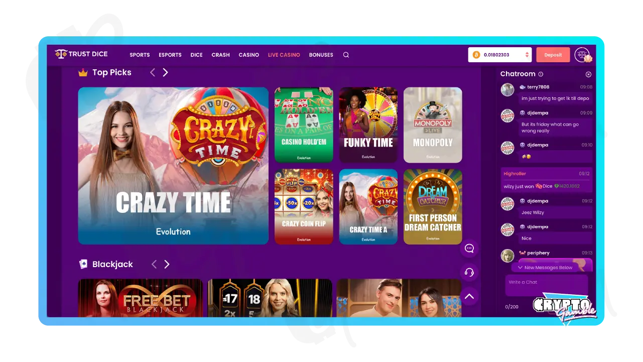 Screenshot of TrustDice Live Casino Games Lobby on Desktop