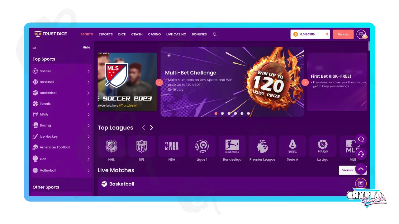 Screenshot of TrustDice Sports Betting Lobby on Desktop