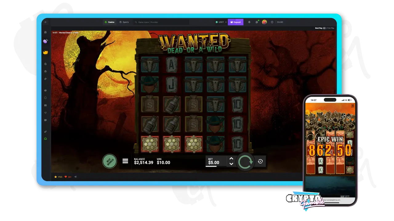 Wanted Dead or A Wild Screenshot of the gameplay (single Spin) with view of desktop and mobile