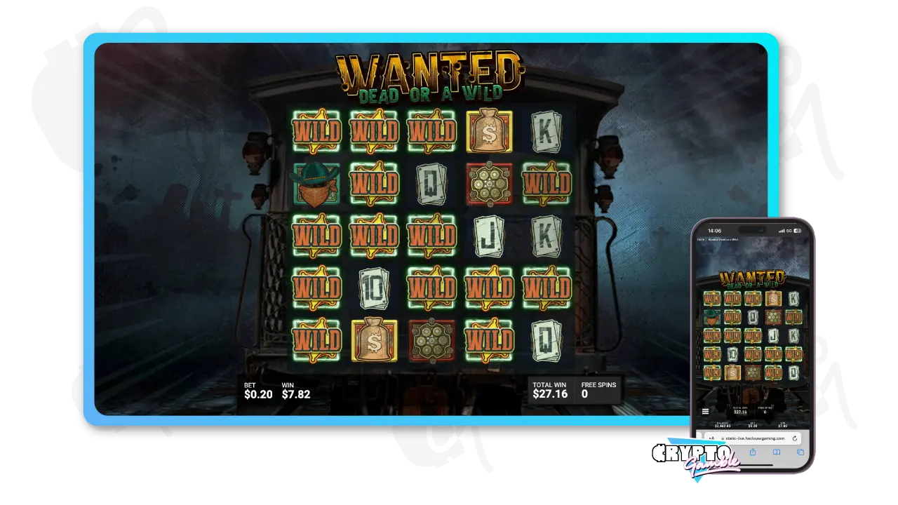 Wanted Dead or A Wild Bonus Round The Great Train Robbery screenshot of gameplay with 14 wild symbols with view of desktop and mobile