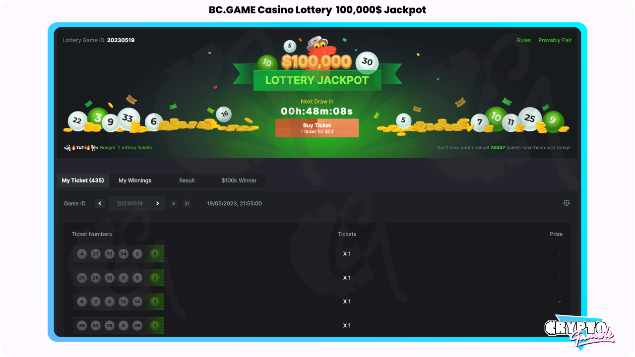 Screenshot of BCGAME Lottery jackpot