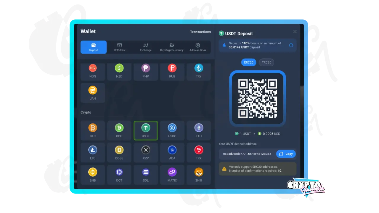 Screenshot of Coins.Game Deposit methods and cryptocurrencies accepted