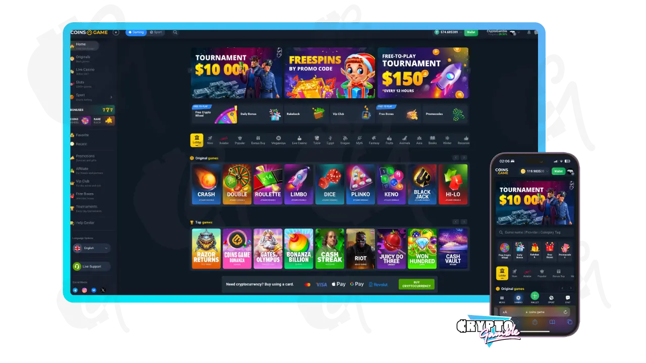 Screenshot of Coins.Game Casino Homepage Lobby on Desktop and Mobile