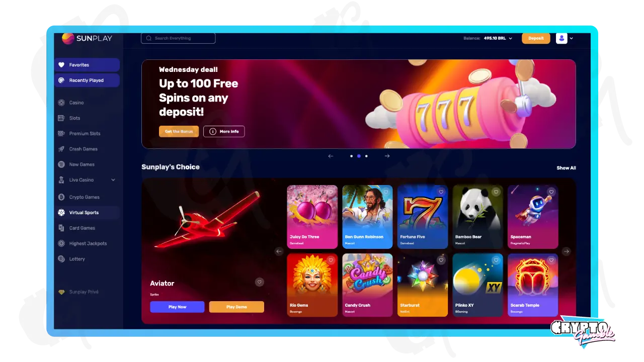 Screenshot of Sunplay Casino Homepage on Desktop