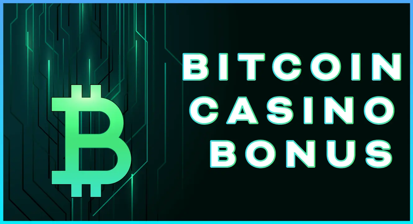 Banner-Bild mit Bitcoin-Logo und Text mit Bitcoin Casino Bonus