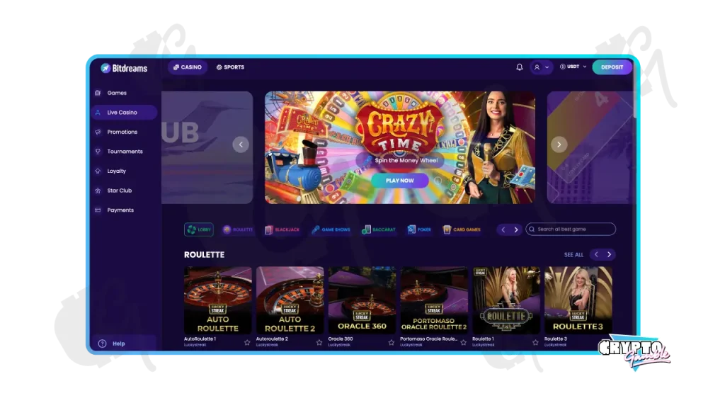 Screenshot of the Bitdreams Live Casino Lobby on desktop view