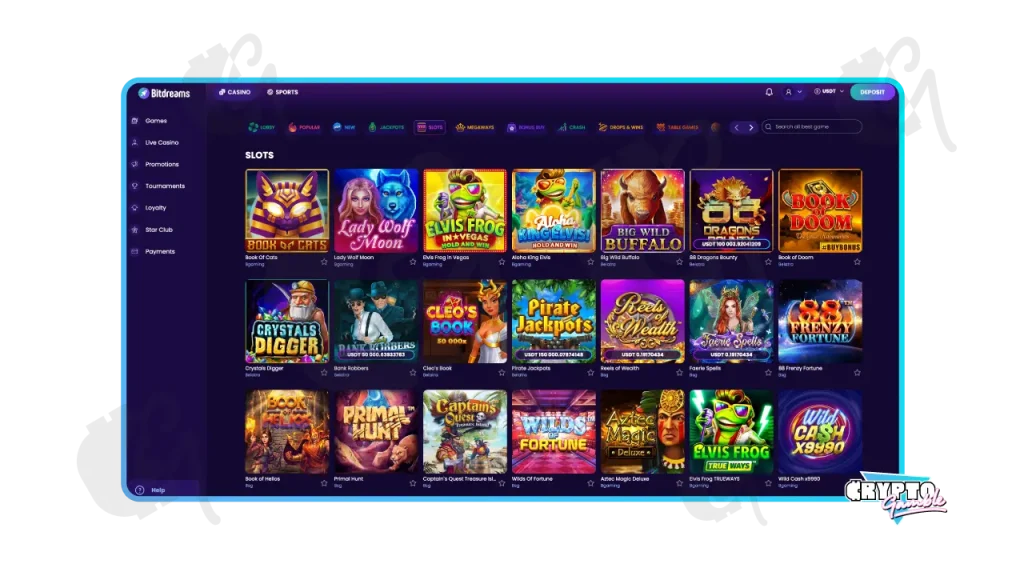 Screenshot of the Bitdreams Slot Lobby on desktop view