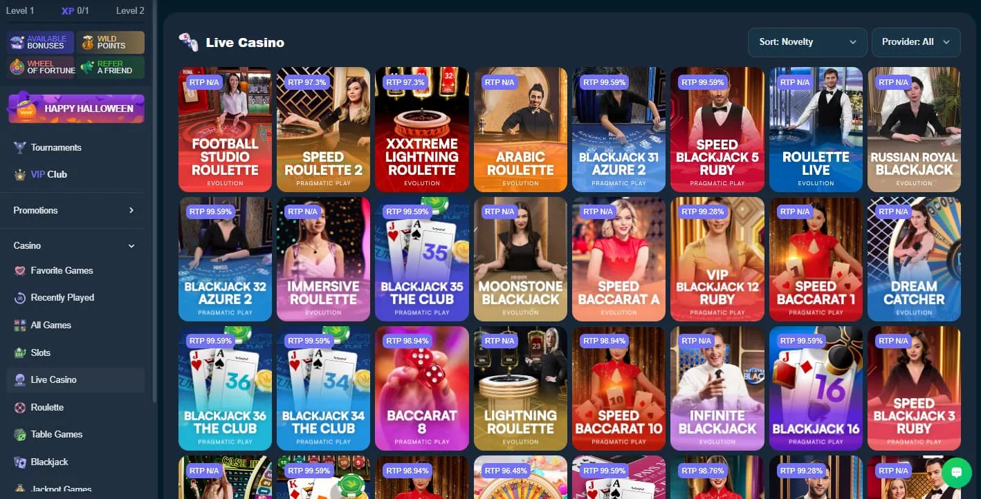 wild casino live games interface overview