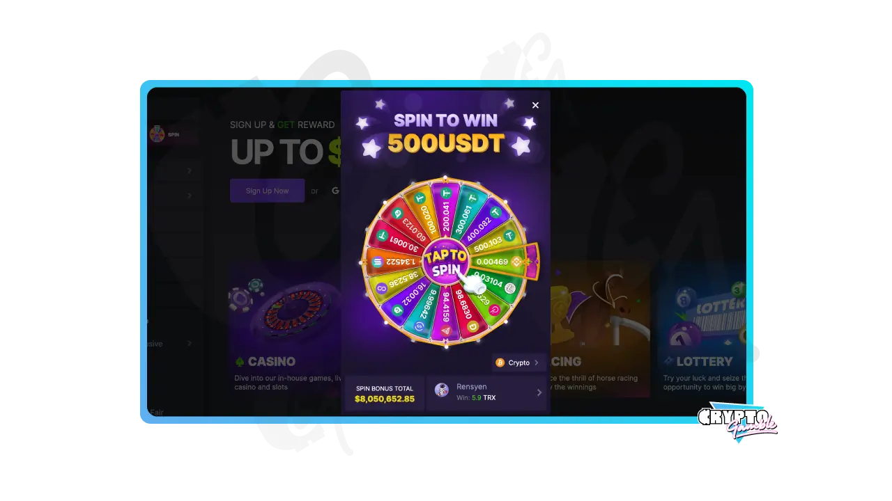 Pop up with a bonus from BCGAME casino to spin and try my luck and win up to 500 USDT