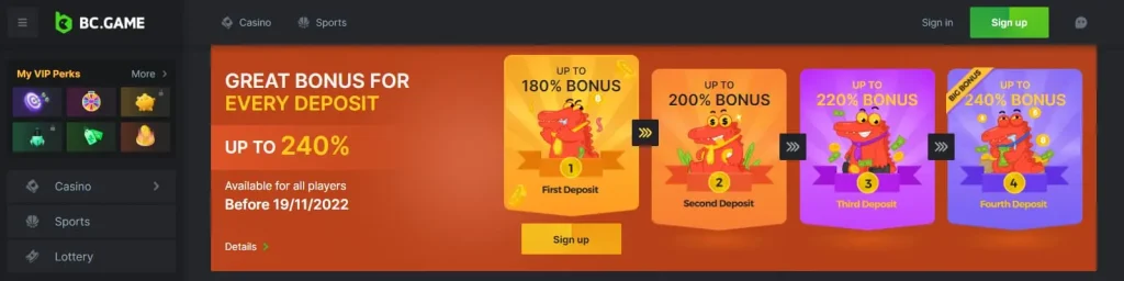 image showing the bcgame welcome bonus options and benefits
