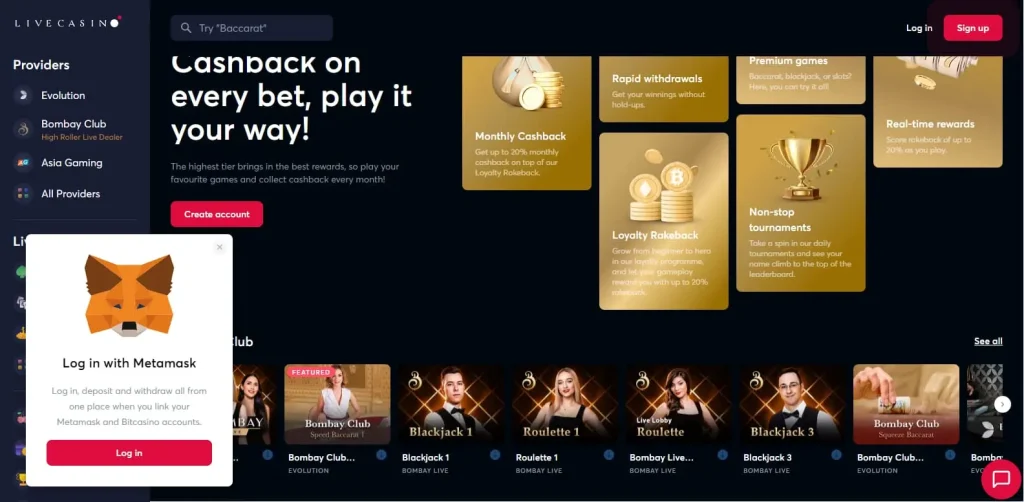 livecasino homepage overview